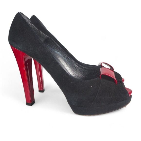 Stuart Weitzman Suede Peep Toe Heels Black / Red Women's 9N (Narrow) - Picture 4 of 12